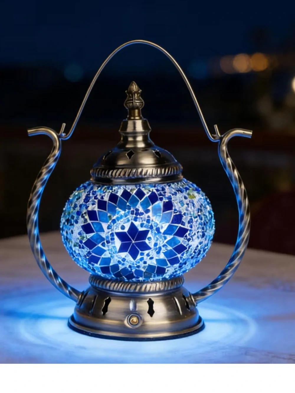 Bohemian Blue Mosaic Glass Hanging Lantern - Unbranded